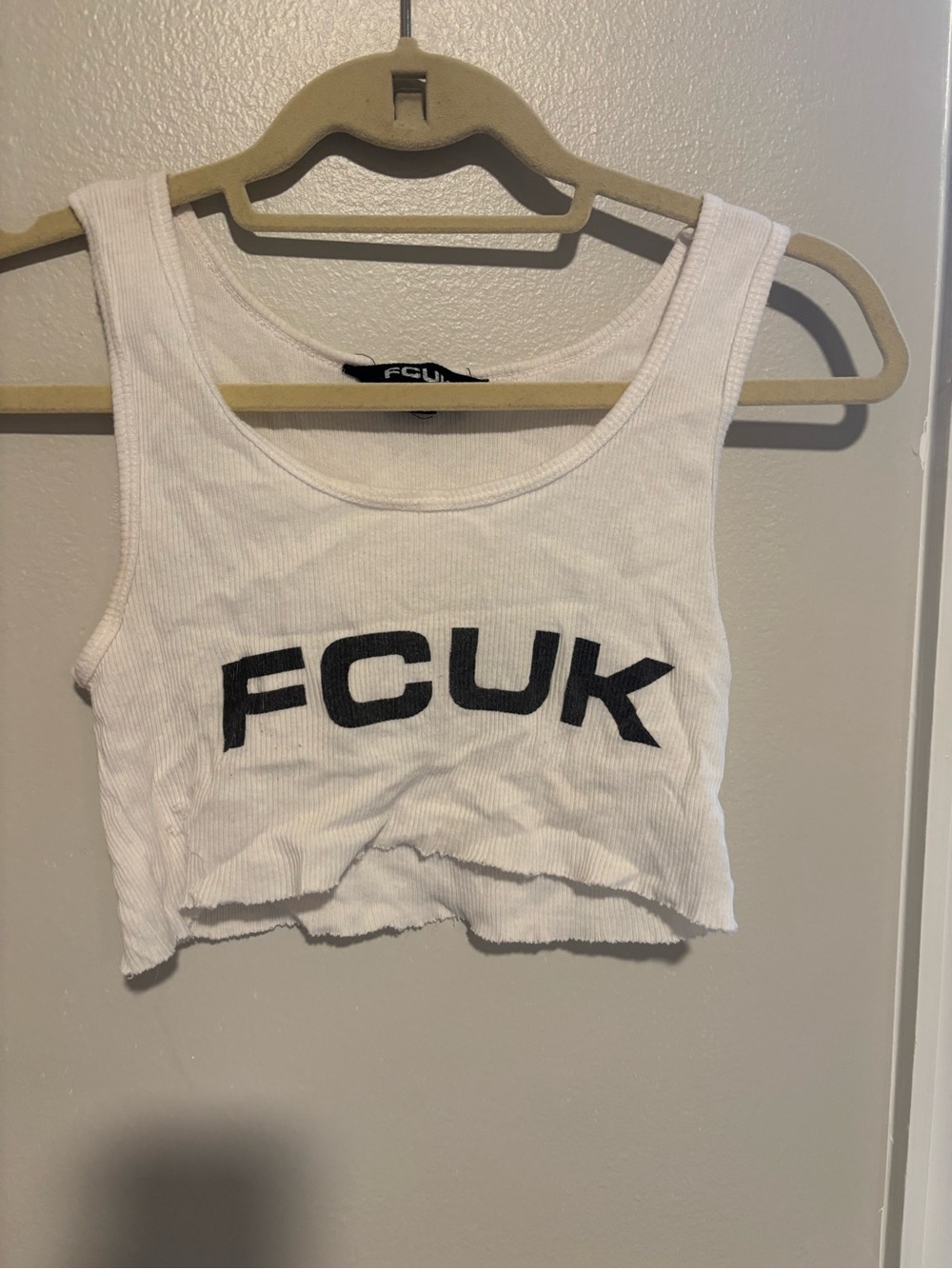 French Connection White Ribbed Logo Crop Tank